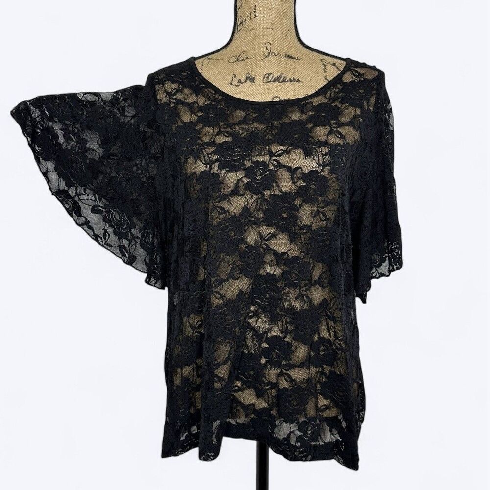 Shannon Ford Floral Sheer Mesh Top Sz 2X Black Batwing‎ Witchy Whimsigoth Fairy